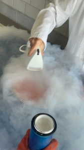 Experiment mit Trockeneis: Nebel steigt aus einem Becher auf